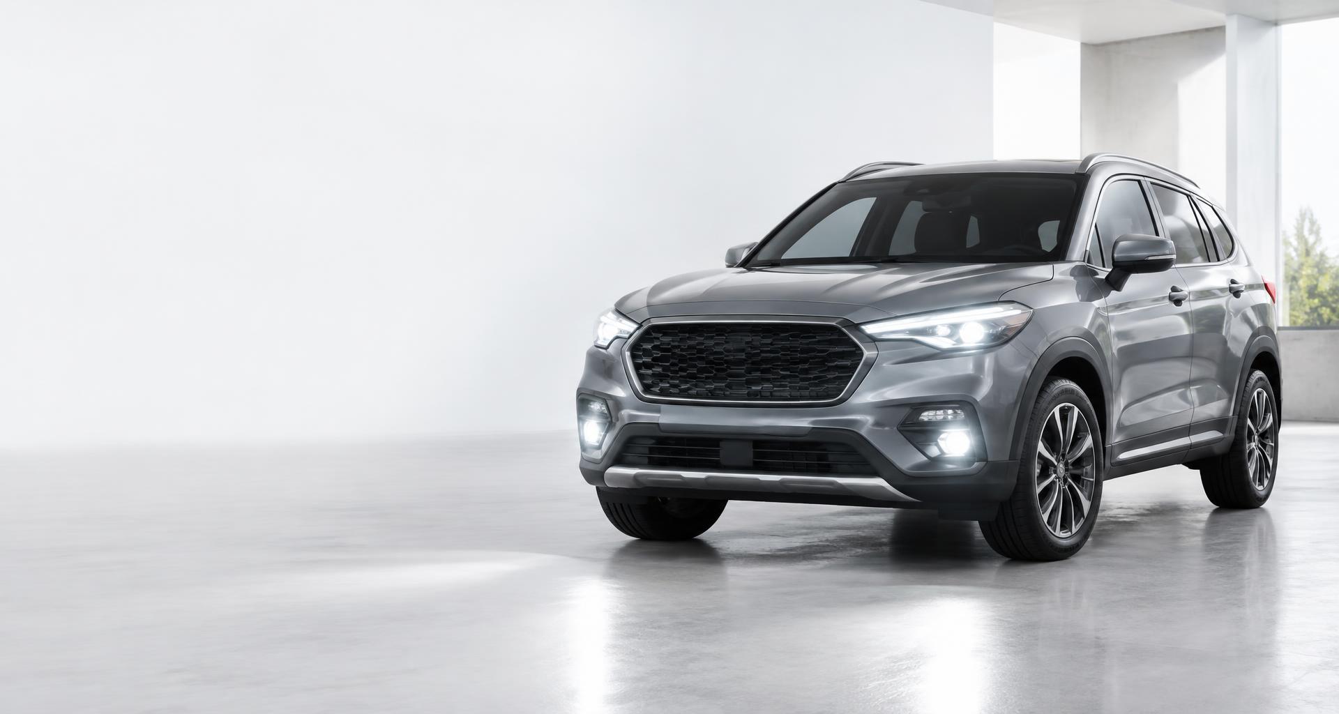 Silver SUV with headlights and fog lights switched on